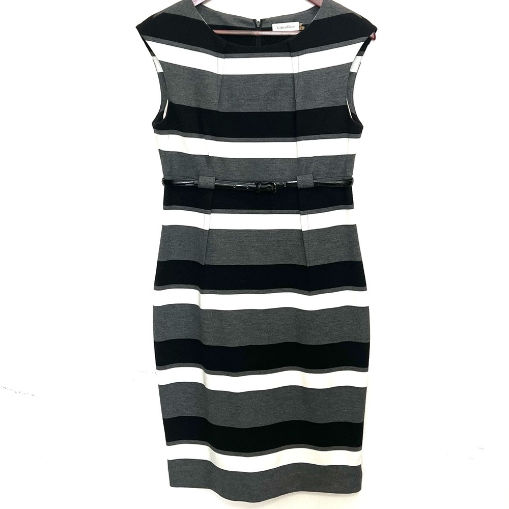 Calvin Klein Striped Sheath Belted Dress / Size 8 / Black, White, Gray